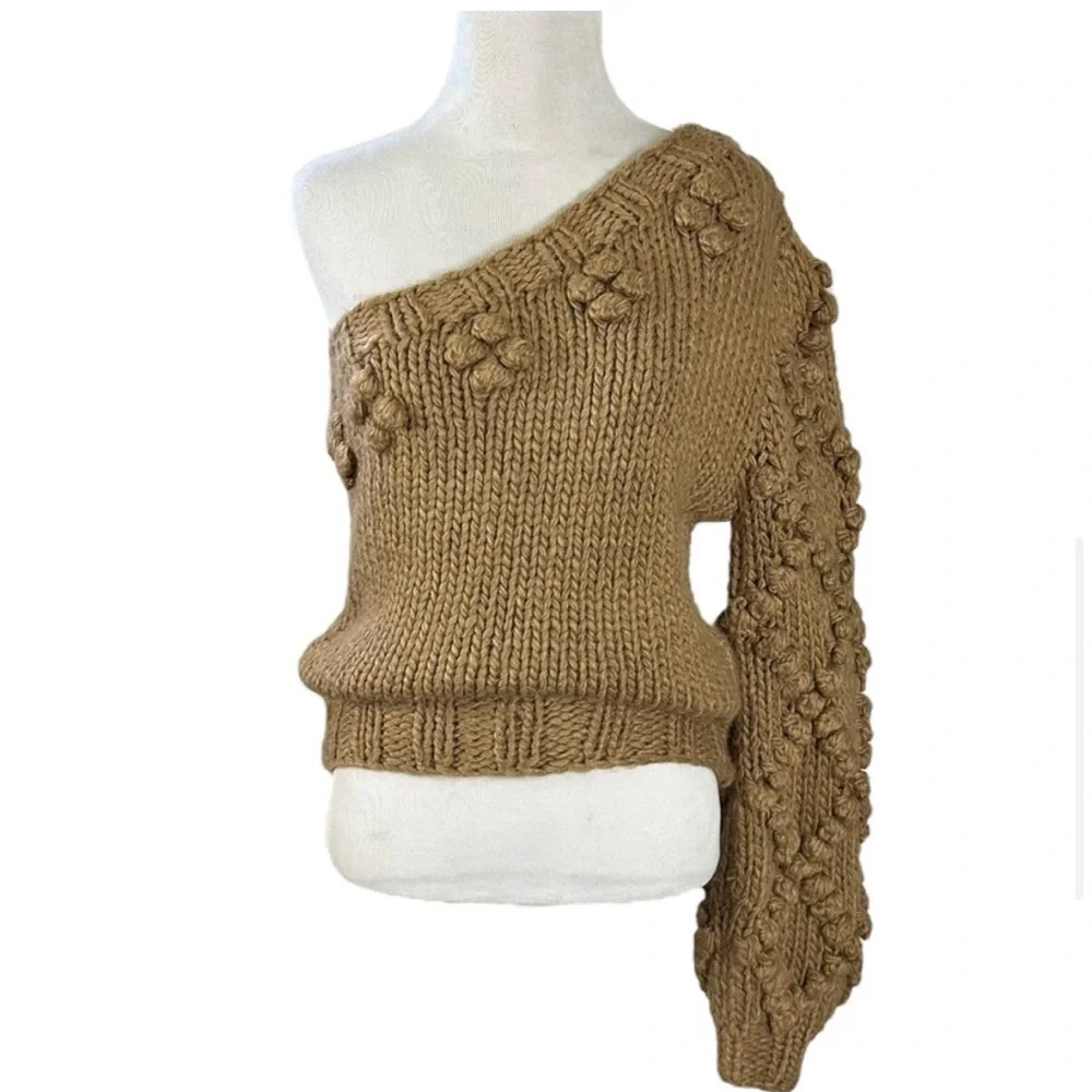 Vici Medium One Shoulder Pom Pom Sweater Bauble Tan Natural Neutral - Picture 3 of 3